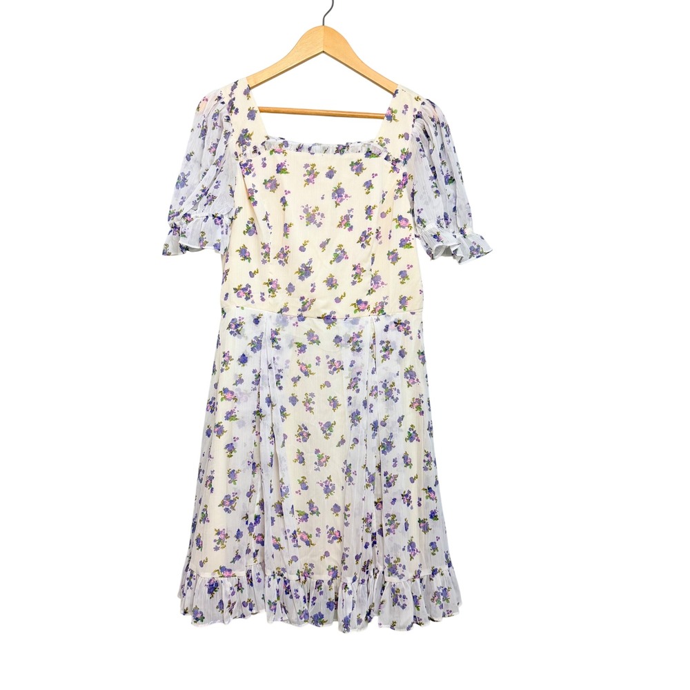 Ivy City Co Womens Floral Midi Dress Purple Cream Puff Sleeve Square Neck‎  12